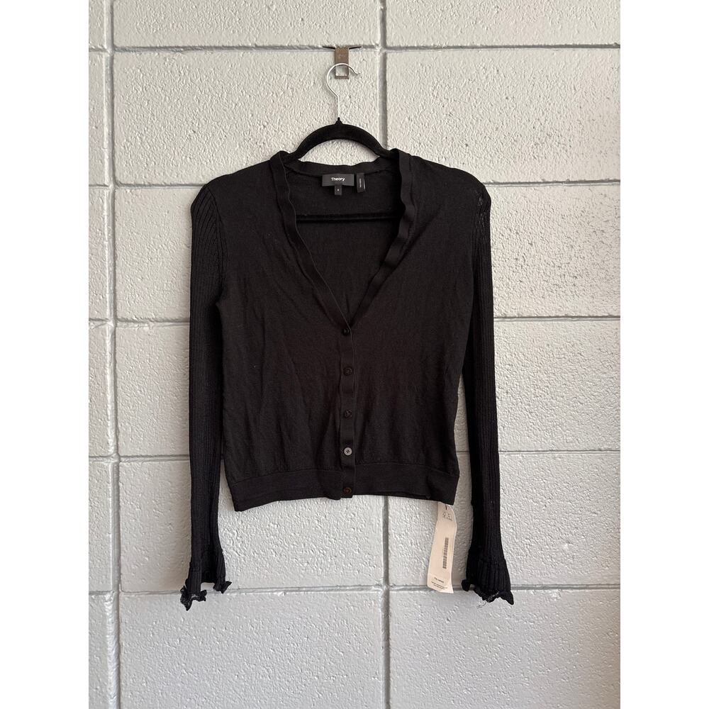 Theory Beri Sheer Knit Long Sleeve Cardigan in Black size S - Picture 2 of 5